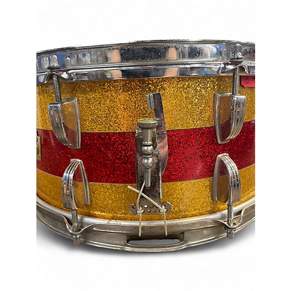 Used 1960 Ludwig 14X6.5 Tri-Band Parade Snare Gold and Red Sparkle Drum