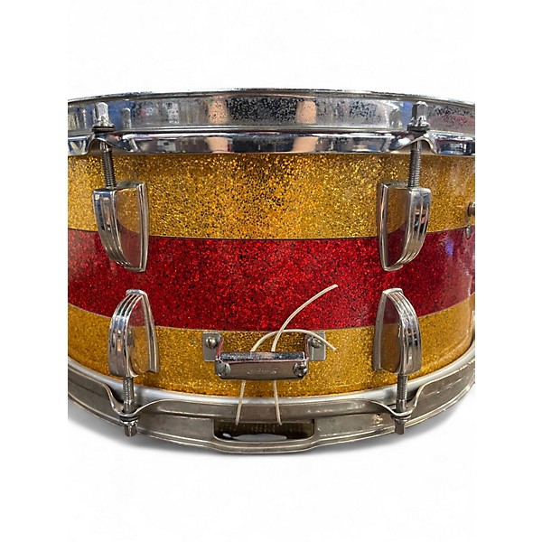 Used 1960 Ludwig 14X6.5 Tri-Band Parade Snare Gold and Red Sparkle Drum
