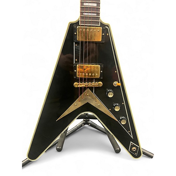 Used Gibson 2000s Flying V Custom Black and Gold Solid Body Electric Guitar