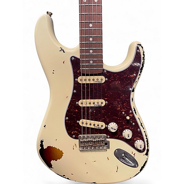 Used Vintage V6 ICON DISTRESSED WHITE OVER SUNBURST Solid Body Electric Guitar