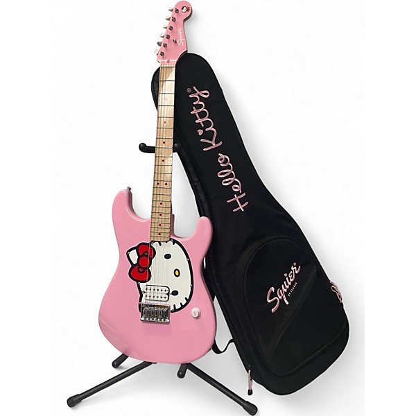 Used Squier Hello Kitty Stratocaster Single Hum Pink With Kitty Pickguard Pink Solid Body Electric Guitar