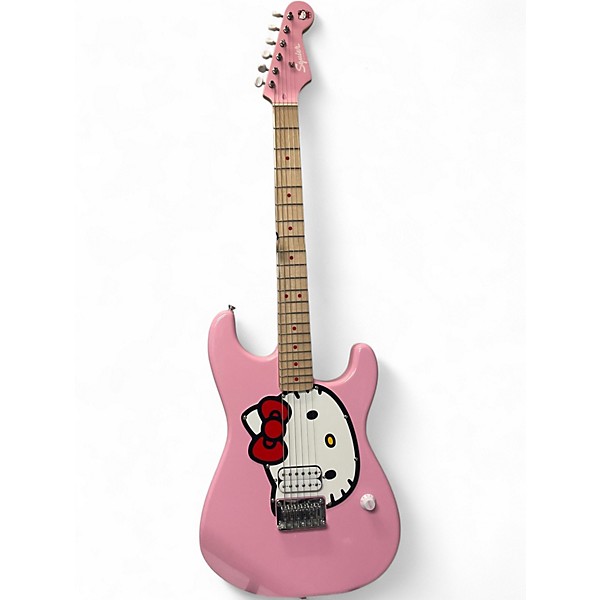 Used Squier Hello Kitty Stratocaster Single Hum Pink With Kitty Pickguard Pink Solid Body Electric Guitar
