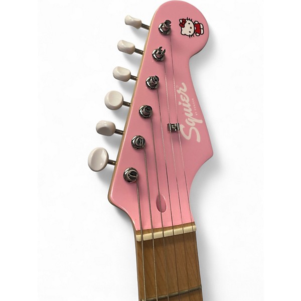 Used Squier Hello Kitty Stratocaster Single Hum Pink With Kitty Pickguard Pink Solid Body Electric Guitar