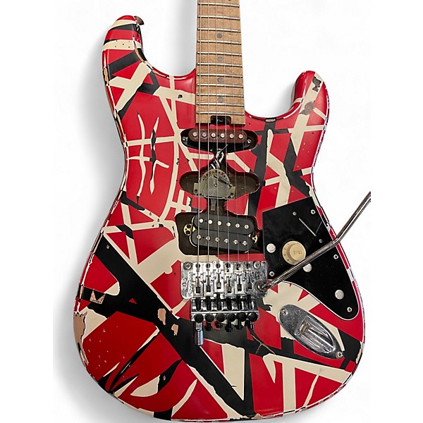 Used EVH Striped Series Frankie Red with Black and White Stripes Solid Body Electric Guitar
