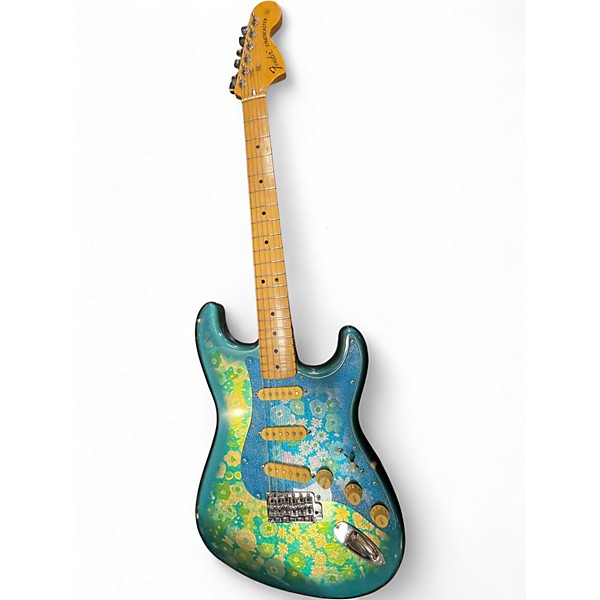 Vintage 1980s Fender MIJ E Series Stratocaster Blue Floral Solid Body Electric Guitar