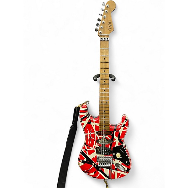 Used EVH Striped Series Frankie Red with Black and White Stripes Solid Body Electric Guitar