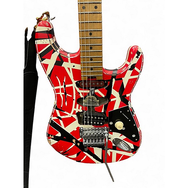Used EVH Striped Series Frankie Red with Black and White Stripes Solid Body Electric Guitar