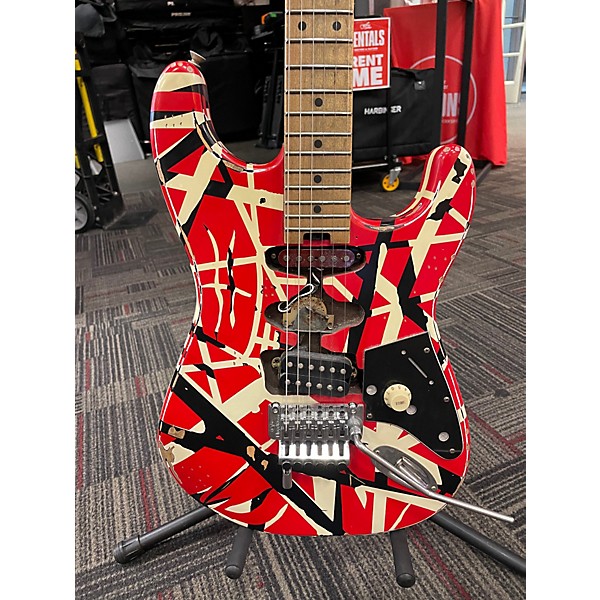 Used EVH Striped Series Frankie Red with Black and White Stripes Solid Body Electric Guitar