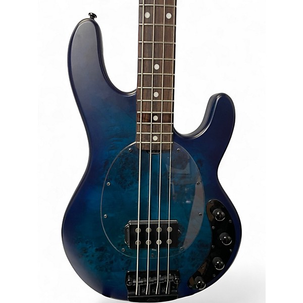 Used Sterling by Music Man Sting Ray Burl Top Blue Electric Bass Guitar