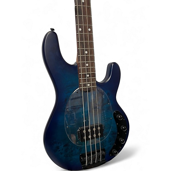 Used Sterling by Music Man Sting Ray Burl Top Blue Electric Bass Guitar