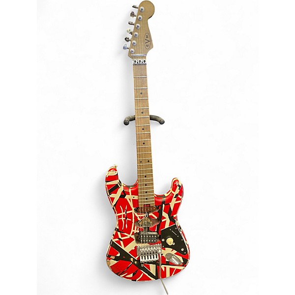 Used EVH Striped Series Frankie Red with Black and White Stripes Solid Body Electric Guitar