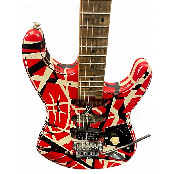Used EVH Striped Series Frankie Red with Black and White Stripes Solid Body Electric Guitar