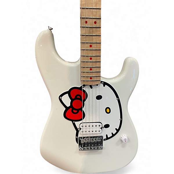 Used Squier Hello Kitty Stratocaster Single Hum Black With Kitty Pickguard White Solid Body Electric Guitar