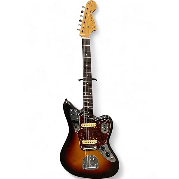 Vintage 1980s Fender 1962 Reissue Jaguar 3 Tone Sunburst Solid Body Electric Guitar