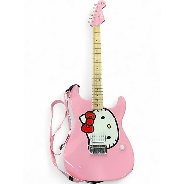 Used Squier Hello Kitty Stratocaster Single Hum Black With Kitty Pickguard Pink Solid Body Electric Guitar