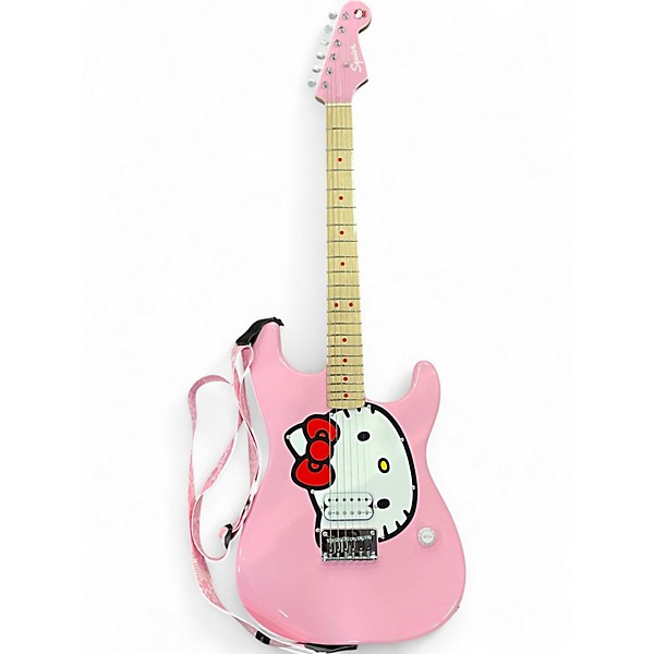 Used Squier Hello Kitty Stratocaster Single Hum Black With Kitty Pickguard Pink Solid Body Electric Guitar