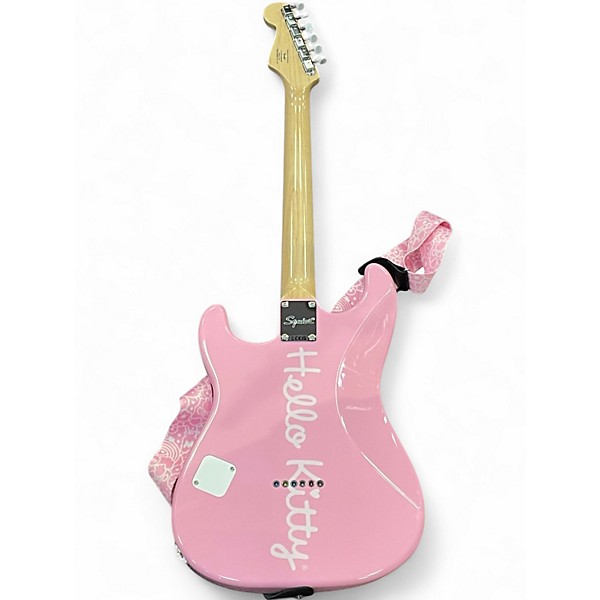 Used Squier Hello Kitty Stratocaster Single Hum Black With Kitty Pickguard Pink Solid Body Electric Guitar