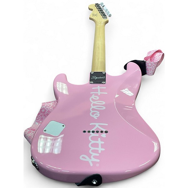 Used Squier Hello Kitty Stratocaster Single Hum Black With Kitty Pickguard Pink Solid Body Electric Guitar