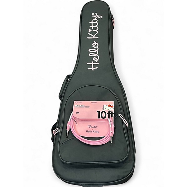 Used Squier Hello Kitty Stratocaster Single Hum Black With Kitty Pickguard Pink Solid Body Electric Guitar
