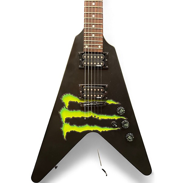 Used Schecter Guitar Research Diamond Series Monster Energy Flying V Satin Black Solid Body Electric Guitar