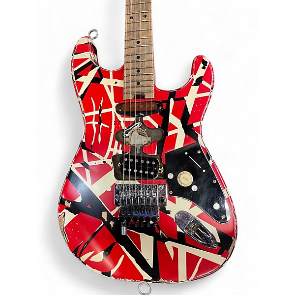 Used EVH Striped Series Frankie Red with Black and White Stripes Solid Body Electric Guitar