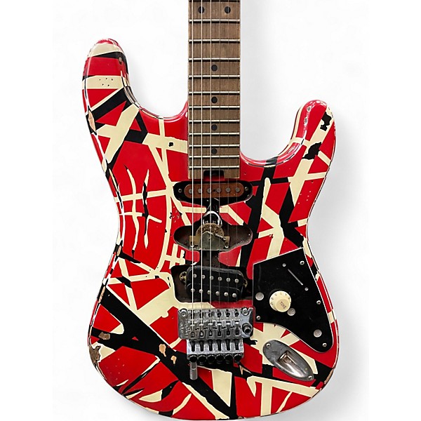 Used EVH Striped Series Frankie Red with Black and White Stripes Solid Body Electric Guitar