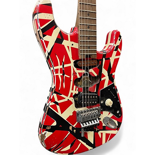 Used EVH Striped Series Frankie Red with Black and White Stripes Solid Body Electric Guitar