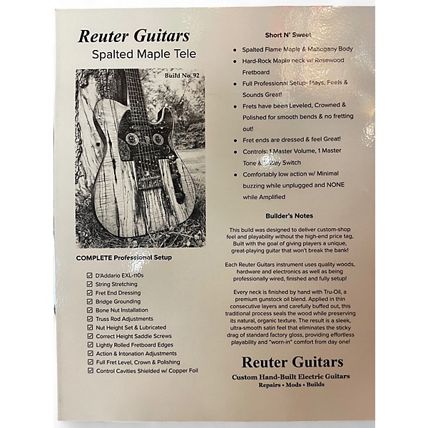 Used Reuter Guitars Spalted Maple Tele Spalted Maple Solid Body Electric Guitar