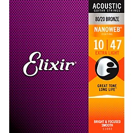 Elixir 80/20 Bronze Acoustic Guitar Strings With NANOWEB Coating, Extra Light (.010-.047)