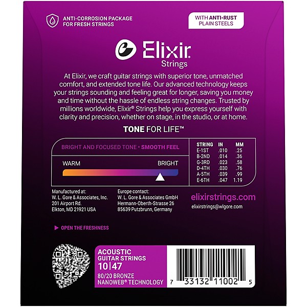 Elixir 80/20 Bronze Acoustic Guitar Strings With NANOWEB Coating, Extra Light (.010-.047)