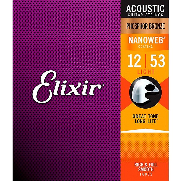sløjfe Lima en kop Elixir Phosphor Bronze Acoustic Guitar Strings With NANOWEB Coating, Light  (.012-.053) | Guitar Center