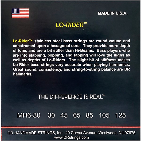 DR Strings Lo Rider MH6-30 Medium Stainless Steel 6-String Bass Guitar Strings .125 Low B