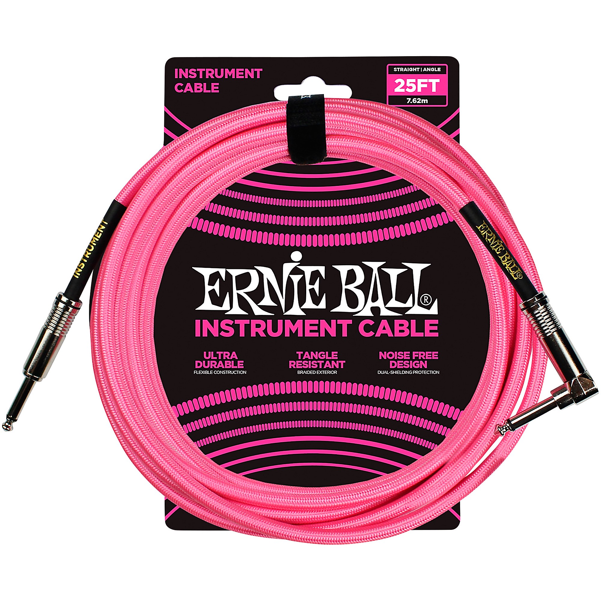 Ernie Ball 25 FT Straight to Angle Instrument Cable Neon Pink Guitar