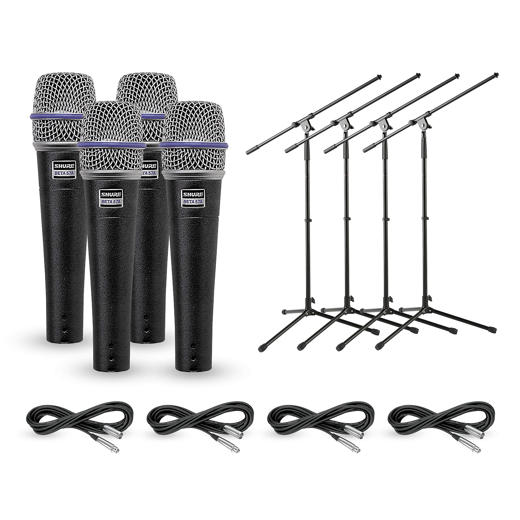 Shure BETA 57A Dynamic Mic With Cable and Stand 4-Pack | Guitar 