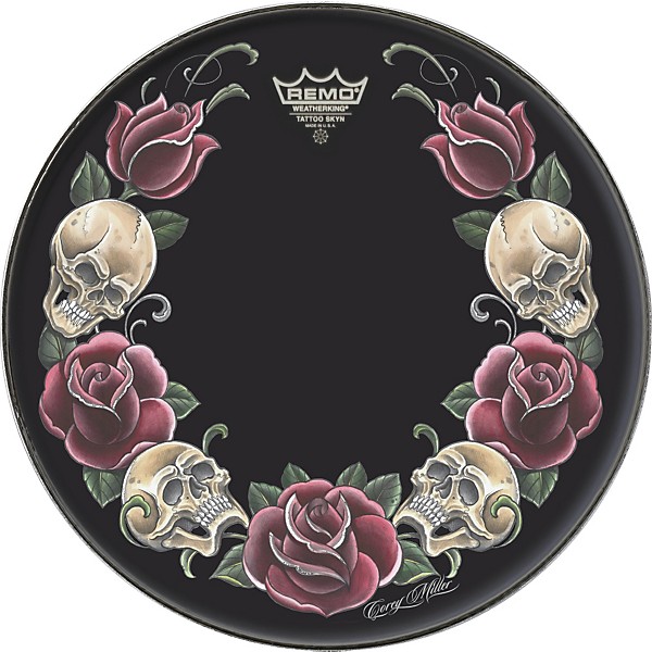 Remo Powerstroke Tattoo Skyn Bass Drumhead, Black 22 in. Rock & Roses Graphic