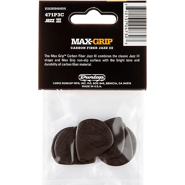 Dunlop Max Grip Jazz III Carbon Fiber Guitar Picks - 6 Pack