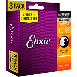 Elixir 80/20 Bronze Acoustic Guitar Strings With NANOWEB Coating, Custom Light (11-52) 3-Pack