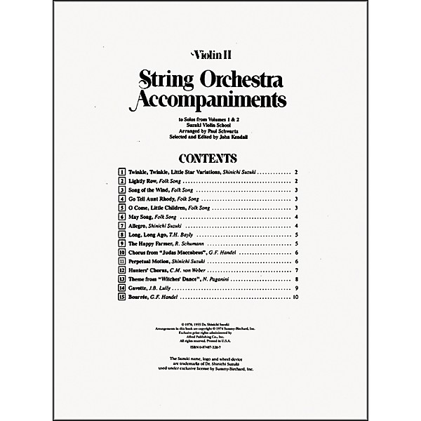 Alfred Suzuki String Orchestra Accompaniments to Solos from Volumes 1 & 2 for Violin 2 Book