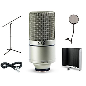 MXL 990 Large-Diaphragm Condenser Microphone Bundle With VMS Vocal Shield, Boom Stand, Pop Filter and Cable  