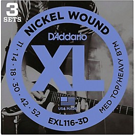 D'Addario EXL116-3D Nickel Wound Medium Top/Heavy Bottom Electric Guitar Strings 3-Pack
