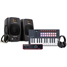 Novation FLkey 2 Keyboard Controller With Focusrite 2i2 USB Audio Interface & Adam Audio D3V 3" Studio Monitor Pair Package (Cables & Headphones Included) -