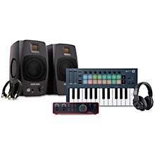 Novation FLkey Keyboard Controller With Focusrite 2i2 USB Audio Interface & Adam Audio D3V 3" Studio Monitor Pair Package (Cables & Headphones Included) -