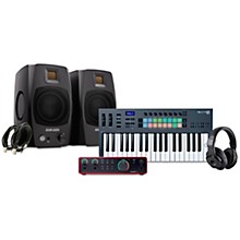 Novation FLkey Keyboard Controller With Focusrite 2i2 USB Audio Interface & Adam Audio D3V 3" Studio Monitor Pair Package (Cables & Headphones Included) -