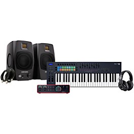 Novation FLkey Keyboard Controller with Focusrite 2i2 USB Audio Interface and Adam Audio D3V 3-inch Studio Monitor Pair Pa...