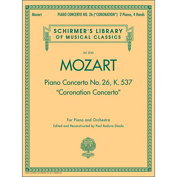 G. Schirmer Coronation Concerto 2 Pno/4Hnd piano Concerto No 26 K537 By Mozart