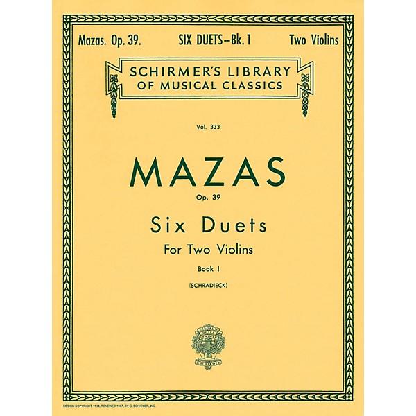 G. Schirmer Six Duets Op 39 Book 1 for 2 Violins By Mazas