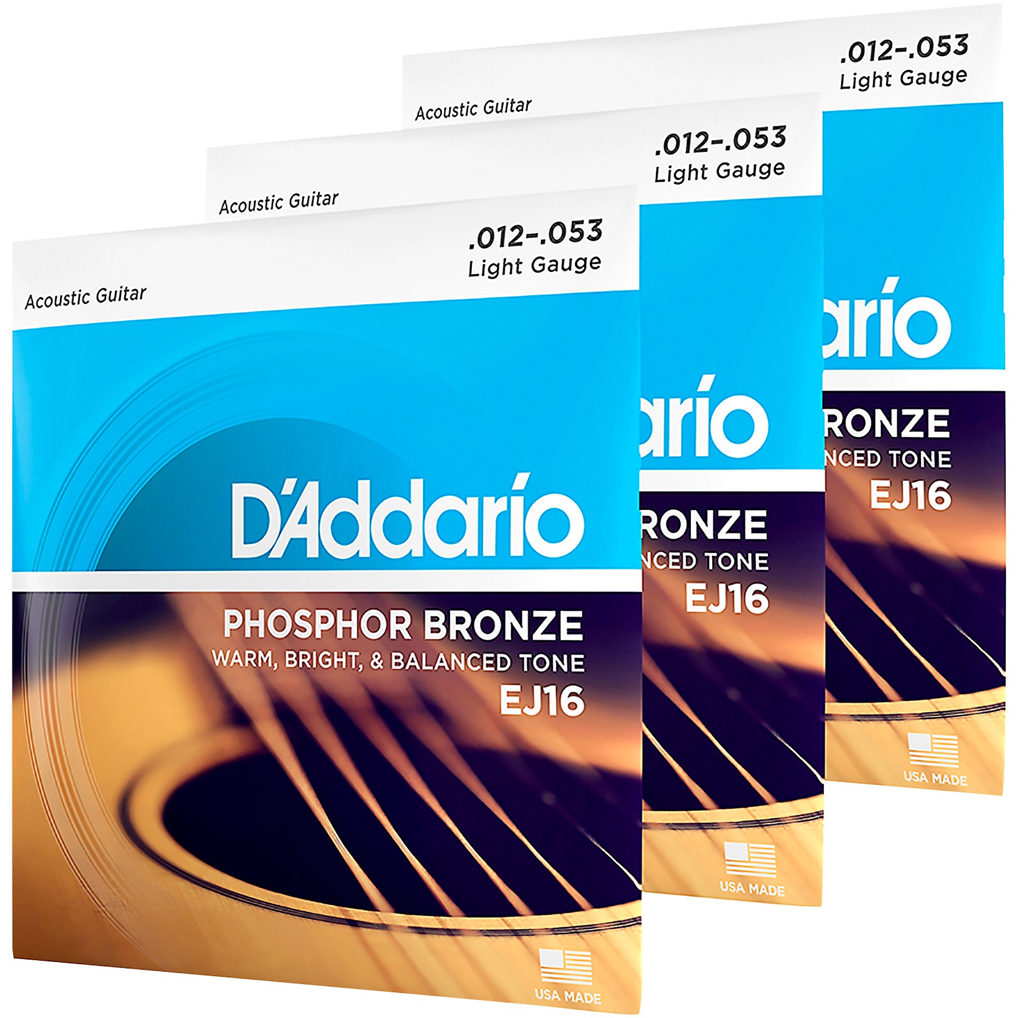 D'Addario Guitar Strings - Phosphor Bronze Acoustic Guitar Strings -  EJ16-3D - Rich, Full Tonal Spectrum - For 6 String Guitars - 12-53 Light,  3-Pack