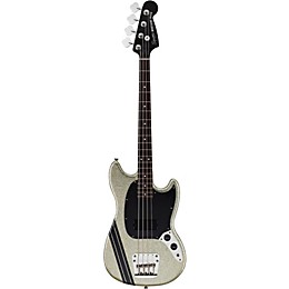 Open Box Squier Mikey Way Signature Mustang Electric Bass Guitar Level 1 Silver Sparkle with Black Racing Stripe Rosewood Fretboard