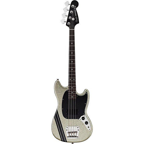 Open Box Squier Mikey Way Signature Mustang Electric Bass Guitar Level 1 Silver Sparkle with Black Racing Stripe Rosewood ...