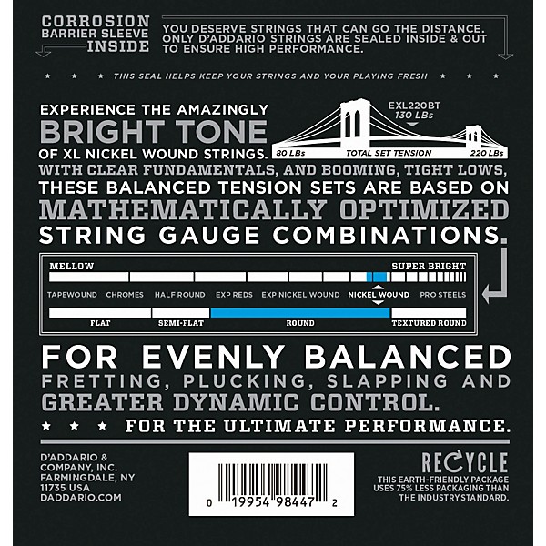 D'Addario EXL220BT Balanced Tension 40-95 Long Scale Electric Bass String Set